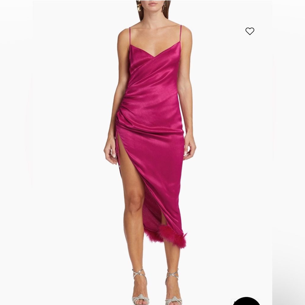 SAYLOR Fuchsia Asymmetrical Satin Dress with Feather Detail
